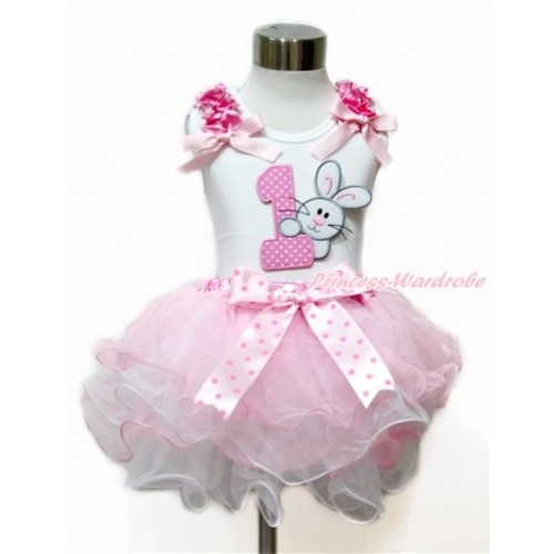 Easter White Baby Pettitop with Hot Pink White Dots Ruffles & Light Pink Bow with 1st Light Pink White Dots Birthday Number & Bunny Rabbit Print with Light Hot Pink Dots Bow Hot Pink White Polka Dots Waist Light Pink White Petal Newborn Pettiskirt NN178 